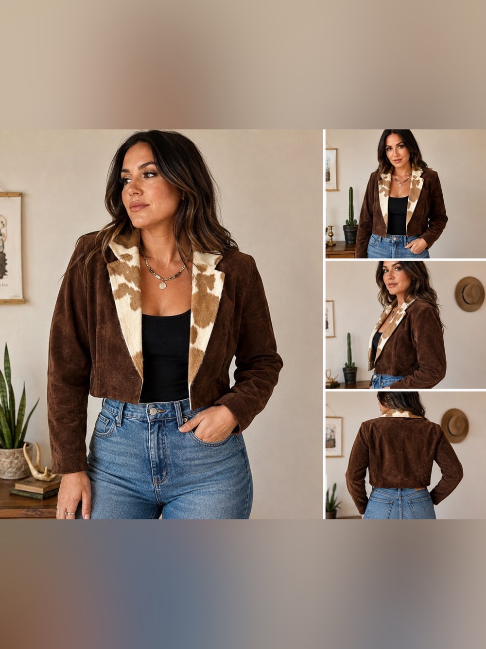 Bill Wall Women's Brown Suede Cropped Blazer with Cowhide-Print Collar Small